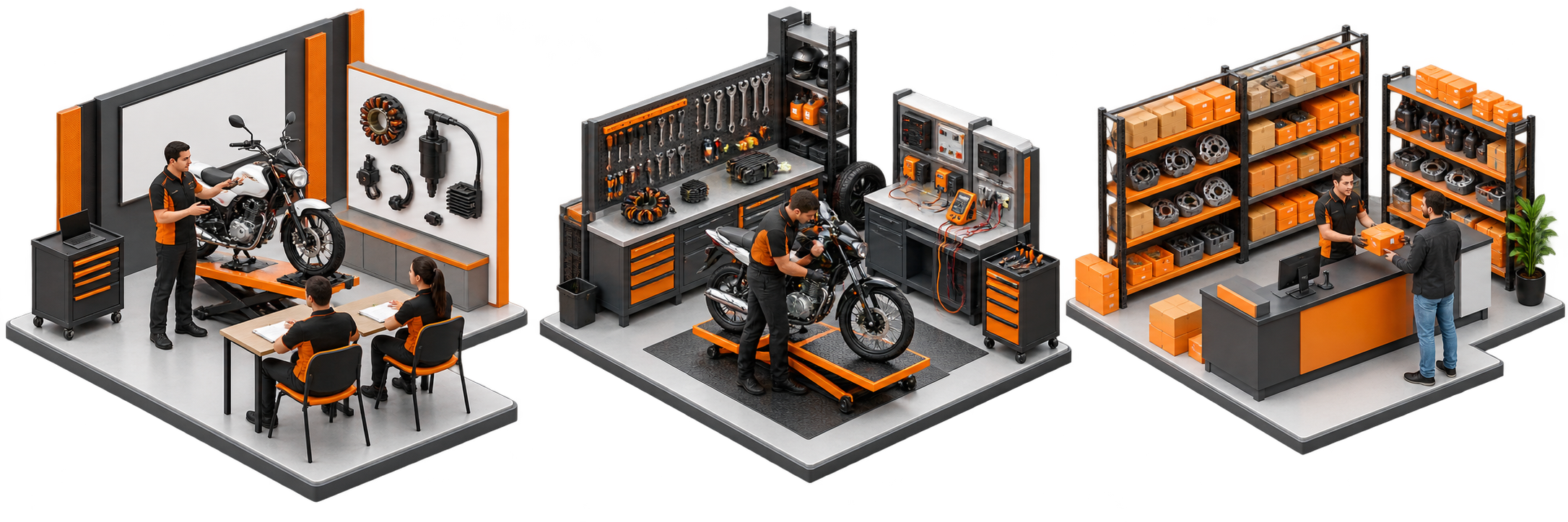 Academia de formação técnica, oficina de motocicletas e distribuidor de peças em perspectiva isométrica